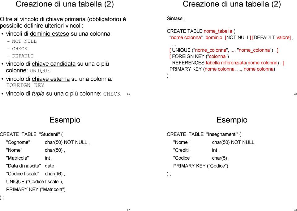 NULL] [DEFAULT valore],... [ UNIQUE ("nome_colonna",..., "nome_colonna"), ] [ FOREIGN KEY ("colonna") REFERENCES tabella referenziata(nome colonna), ] PRIMARY KEY (nome colonna,.