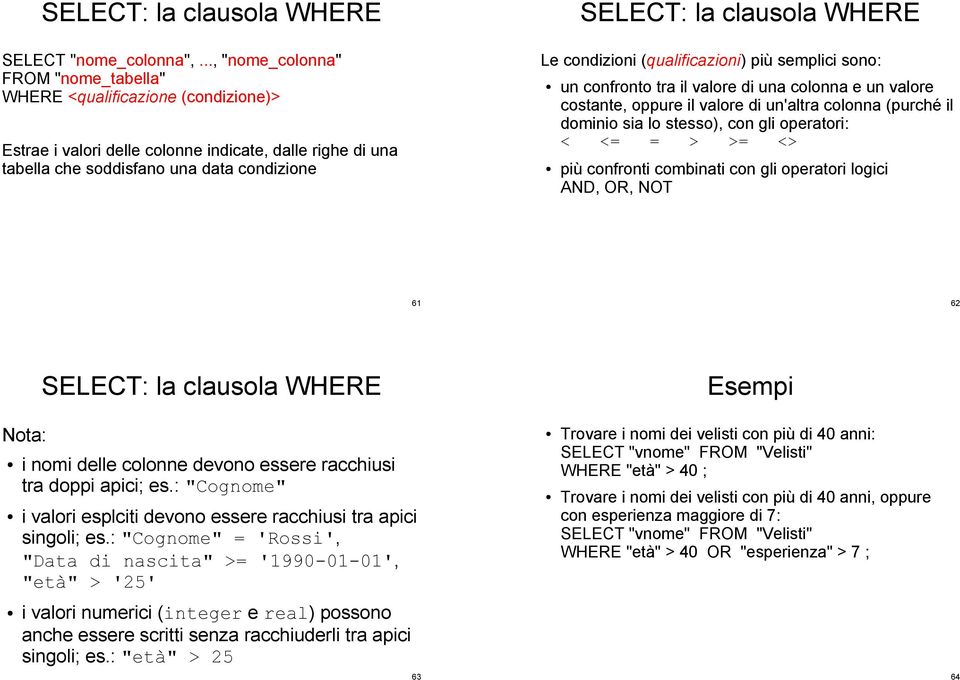 WHERE Le condizioni (qualificazioni) più semplici sono: un confronto tra il valore di una colonna e un valore costante, oppure il valore di un'altra colonna (purché il dominio sia lo stesso), con gli