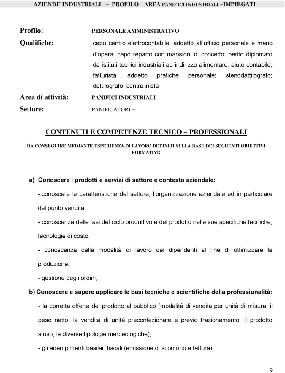 stenodattilografo; dattilografo; centralinista PANIFICI INDUSTRIALI CONTENUTI E COMPETENZE TECNICO PROFESSIONALI DA CONSEGUIRE MEDIANTE ESPERIENZA DI LAVORO DEFINITI SULLA BASE DEI SEGUENTI OBIETTIVI