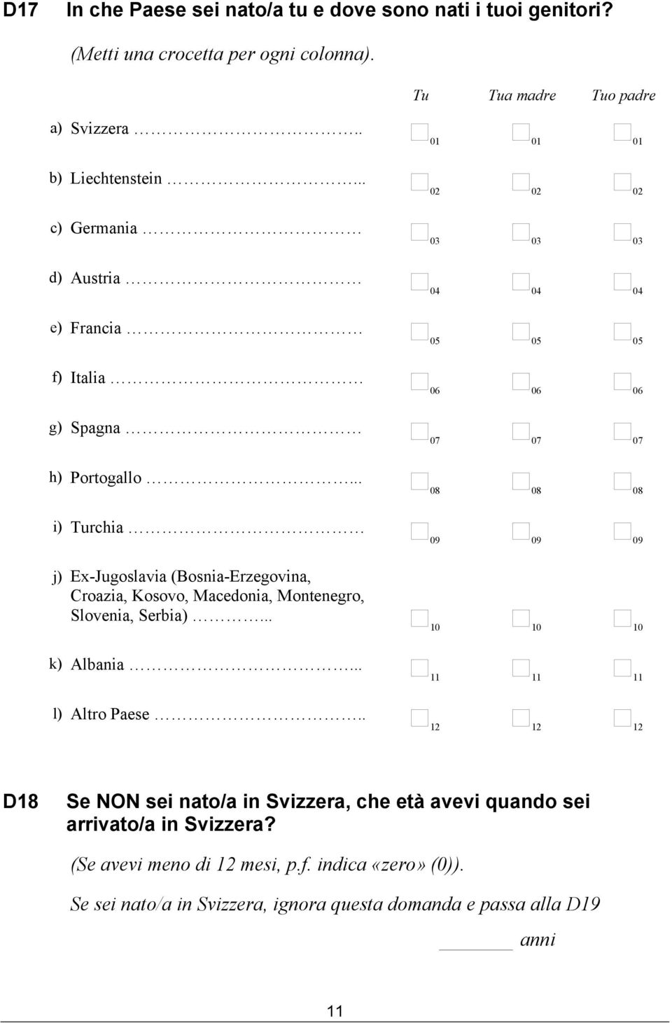 .. i) Turchia j) Ex-Jugoslavia (Bosnia-Erzegovina, Croazia, Kosovo, Macedonia, Montenegro, Slovenia, Serbia)... k) Albania... l) Altro Paese.