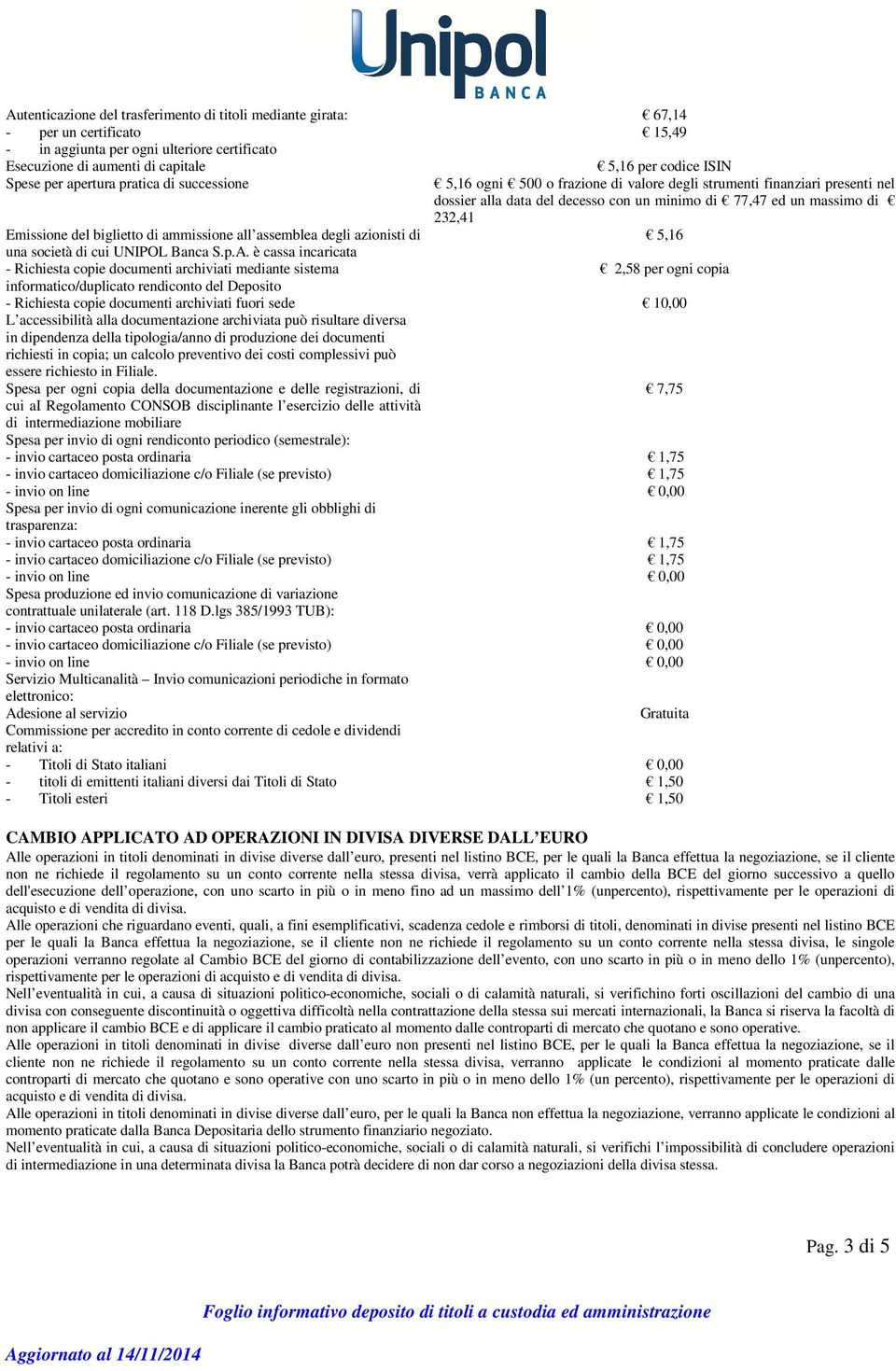 Emissione del biglietto di ammissione all assemblea degli azionisti di 5,16 una società di cui UNIPOL Banca S.p.A.