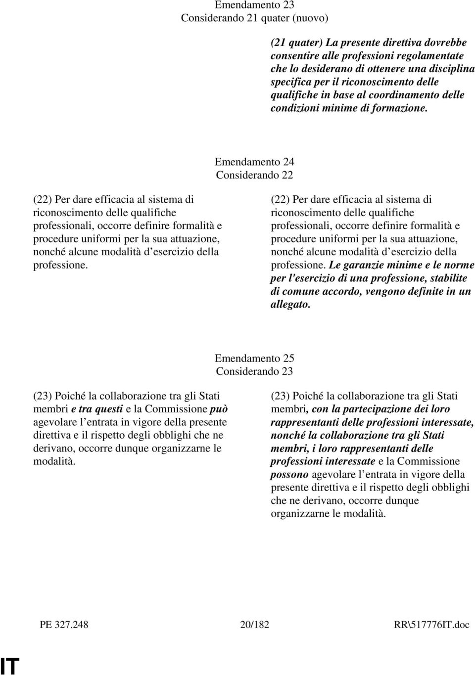 Emendamento 24 Considerando 22 (22) Per dare efficacia al sistema di riconoscimento delle qualifiche professionali, occorre definire formalità e procedure uniformi per la sua attuazione, nonché