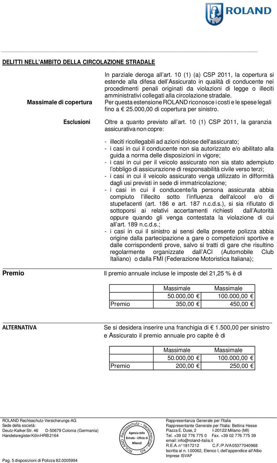 circolazione stradale. Per questa estensione ROLAND riconosce i costi e le spese legali fino a 25.000,00 di copertura per sinistro. Oltre a quanto previsto all art.