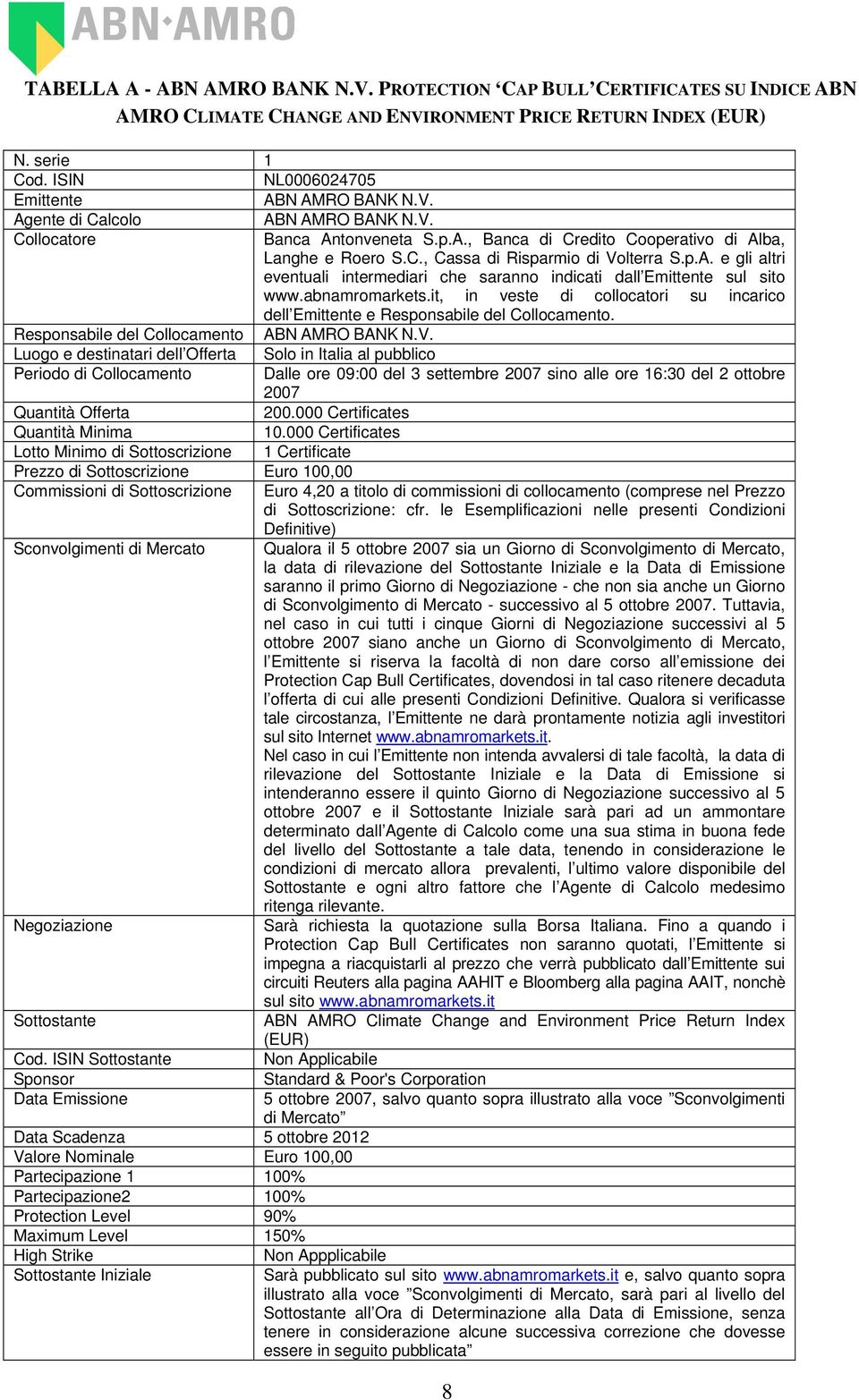 abnamromarkets.it, in veste di collocatori su incarico dell Emittente e Responsabile del Collocamento. Responsabile del Collocamento ABN AMRO BANK N.V.