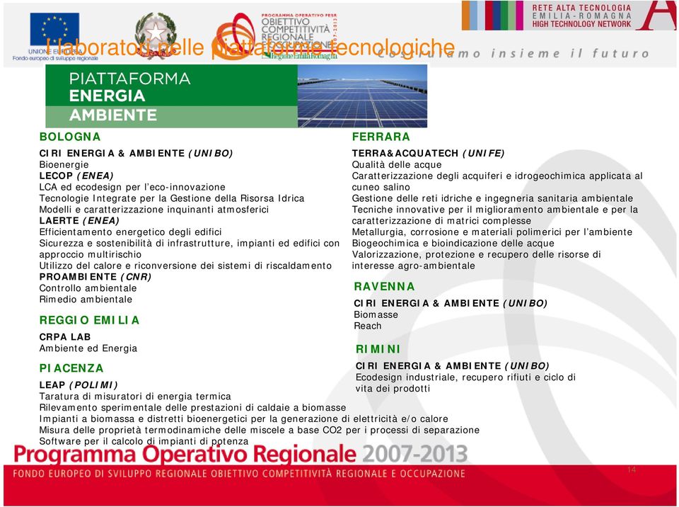 multirischio Utilizzo del calore e riconversione dei sistemi di riscaldamento PROAMBIENTE (CNR) Controllo ambientale Rimedio ambientale REGGIO EMILIA CRPA LAB Ambiente ed Energia PIACENZA LEAP