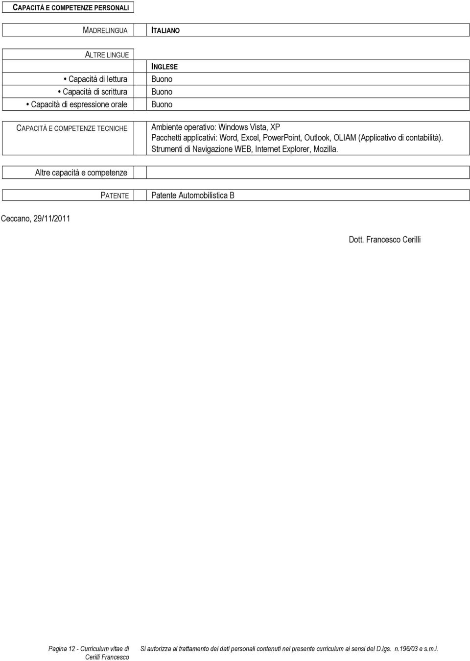 applicativi: Word, Excel, PowerPoint, Outlook, OLIAM (Applicativo di contabilità).