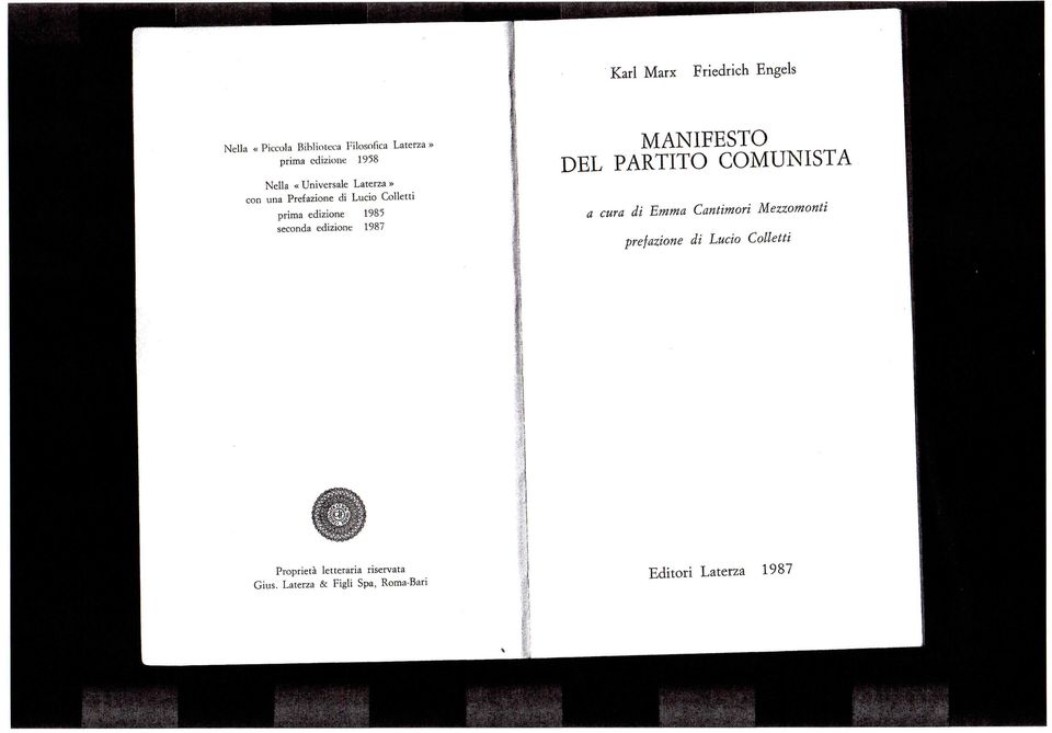 edizione 1987 MANIFESTO DEL PARTITO COMUNISTA a cura di Emma Cantimori Mezzomonti prefazione di