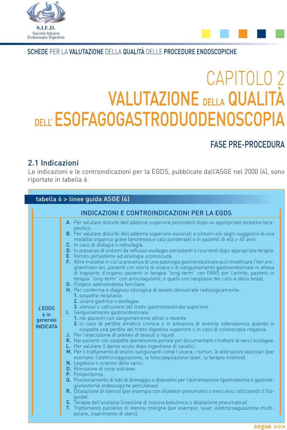 tabella 6 > linee guida ASGE (4) L EGDS èin generale INDICATA INDICAZIONI E CONTROINDICAZIONI PER LA EGDS A.