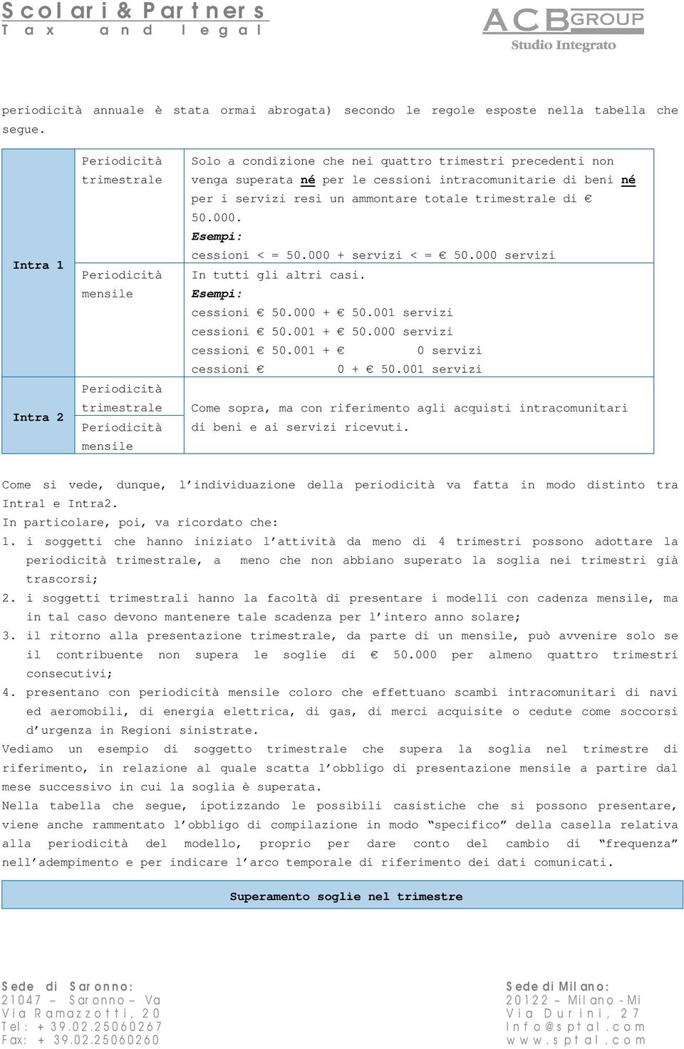 intracomunitarie di beni né per i servizi resi un ammontare totale trimestrale di 50.000. Esempi: cessioni < = 50.000 + servizi < = 50.000 servizi In tutti gli altri casi. Esempi: cessioni 50.