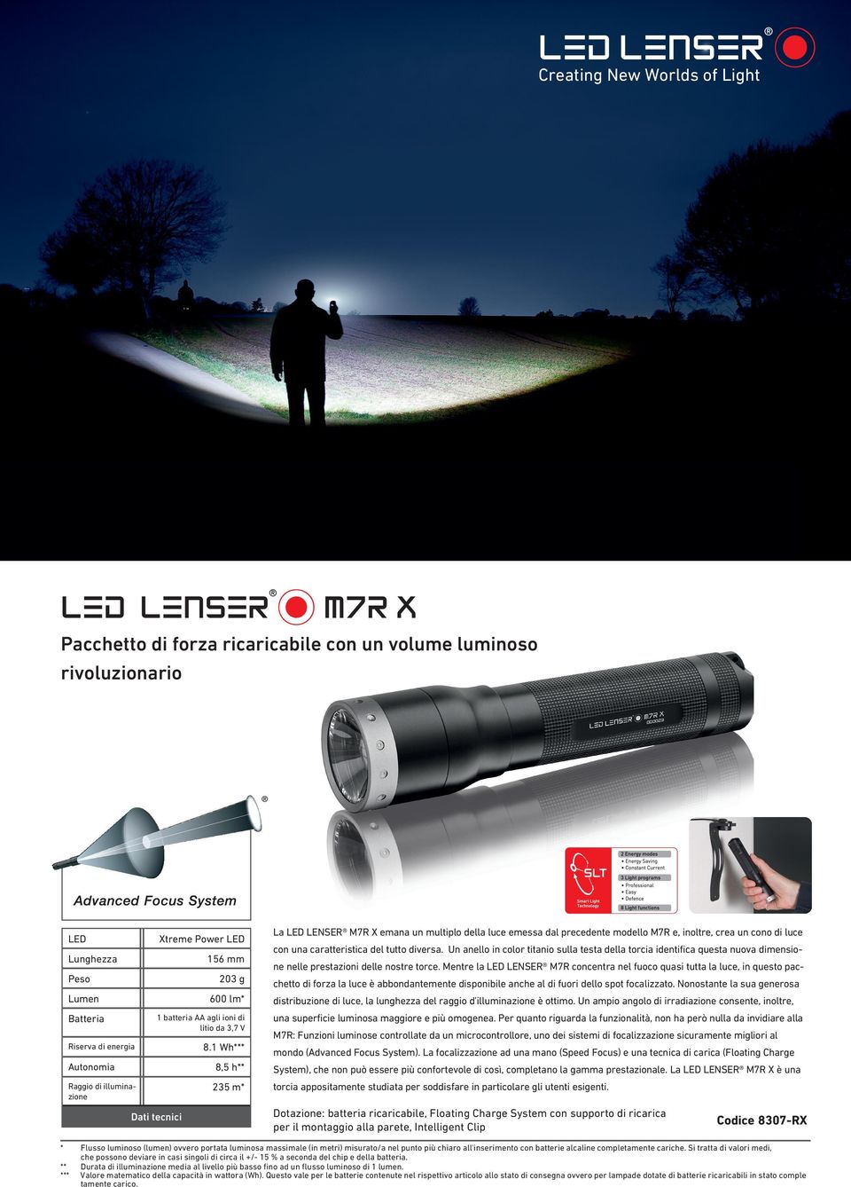 1 Wh*** La LENSER M7R X emana un multiplo della luce emessa dal precedente modello M7R e, inoltre, crea un cono di luce con una caratteristica del tutto diversa.