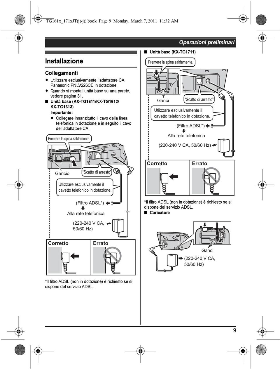 Unità base (KX-TG1611/KX-TG1612/ KX-TG1613) Importante: L Collegare innanzitutto il cavo della linea telefonica in dotazione e in seguito il cavo dell adattatore CA. Premere la spina saldamente.