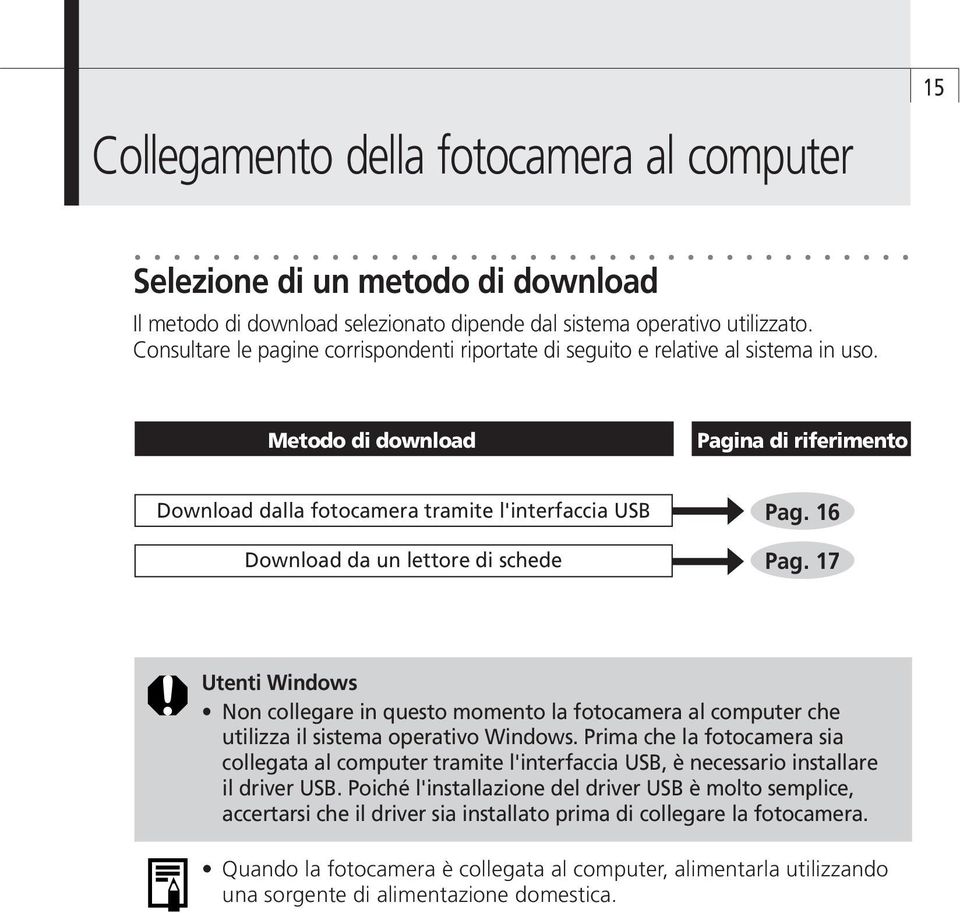 Metodo di download Pagina di riferimento Download dalla fotocamera tramite l'interfaccia USB Download da un lettore di schede Pag. 16 Pag.