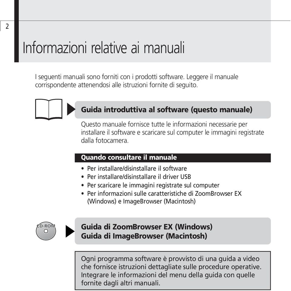 Quando consultare il manuale Per installare/disinstallare il software Per installare/disinstallare il driver USB Per scaricare le immagini registrate sul computer Per informazioni sulle