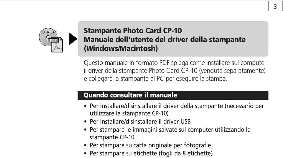 Quando consultare il manuale Per installare/disinstallare il driver della stampante (necessario per utilizzare la stampante CP-10) Per