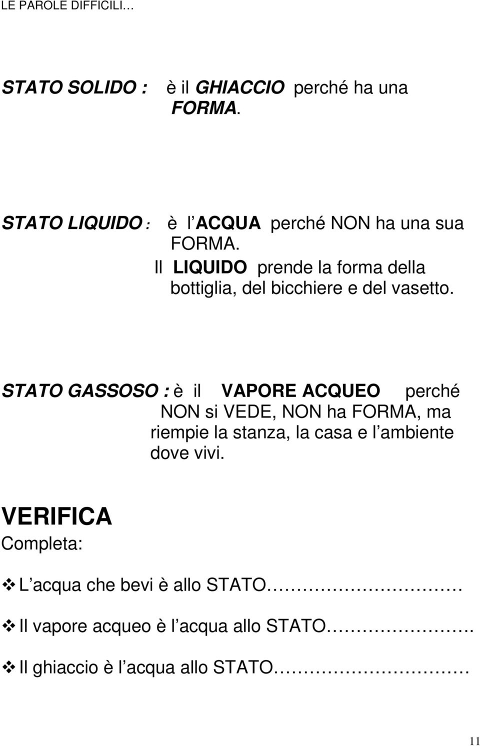 Il LIQUIDO prende la forma della bottiglia, del bicchiere e del vasetto.