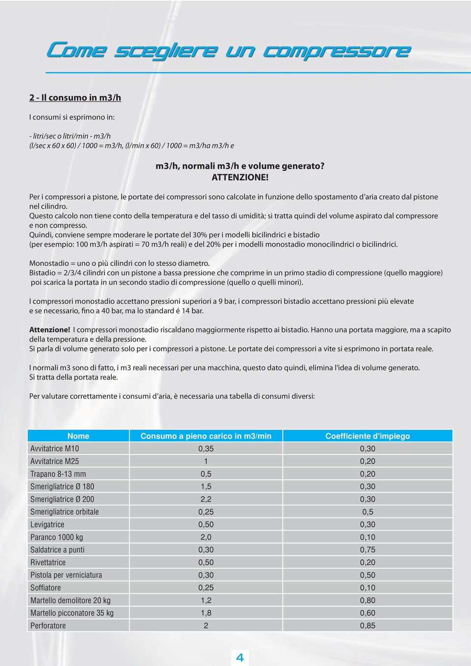 Questo calcolo non tiene conto della temperatura e del tasso di umidità; si tratta quindi del volume aspirato dal compressore e non compresso.