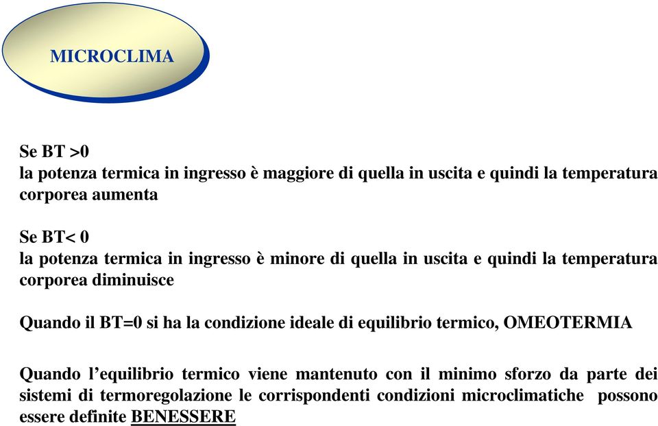 BT=0 si ha la condizione ideale di equilibrio termico, OMEOTERMIA Quando l equilibrio termico viene mantenuto con il minimo