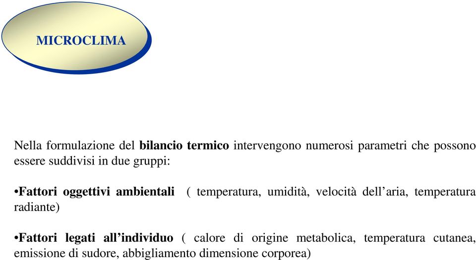 umidità, velocità dell aria, temperatura radiante) Fattori legati all individuo ( calore