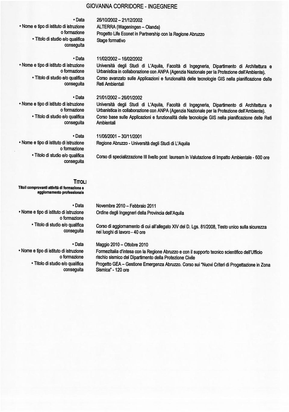 Università degli Studi di L Aquila, Stage formativo 26/10/2002 Progetto Life Econet in Partnership con la Regione Abruzzo TITou tipo di Nome e istituto di istruzione Titoli comprovanti attività di