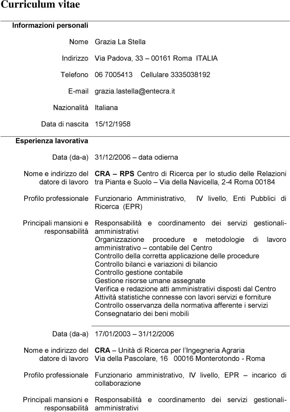 Roma 00184 Profilo professionale Funzionario Amministrativo, Ricerca (EPR) IV livello, Enti Pubblici di Organizzazione procedure e metodologie di lavoro amministrativo contabile del Centro Controllo