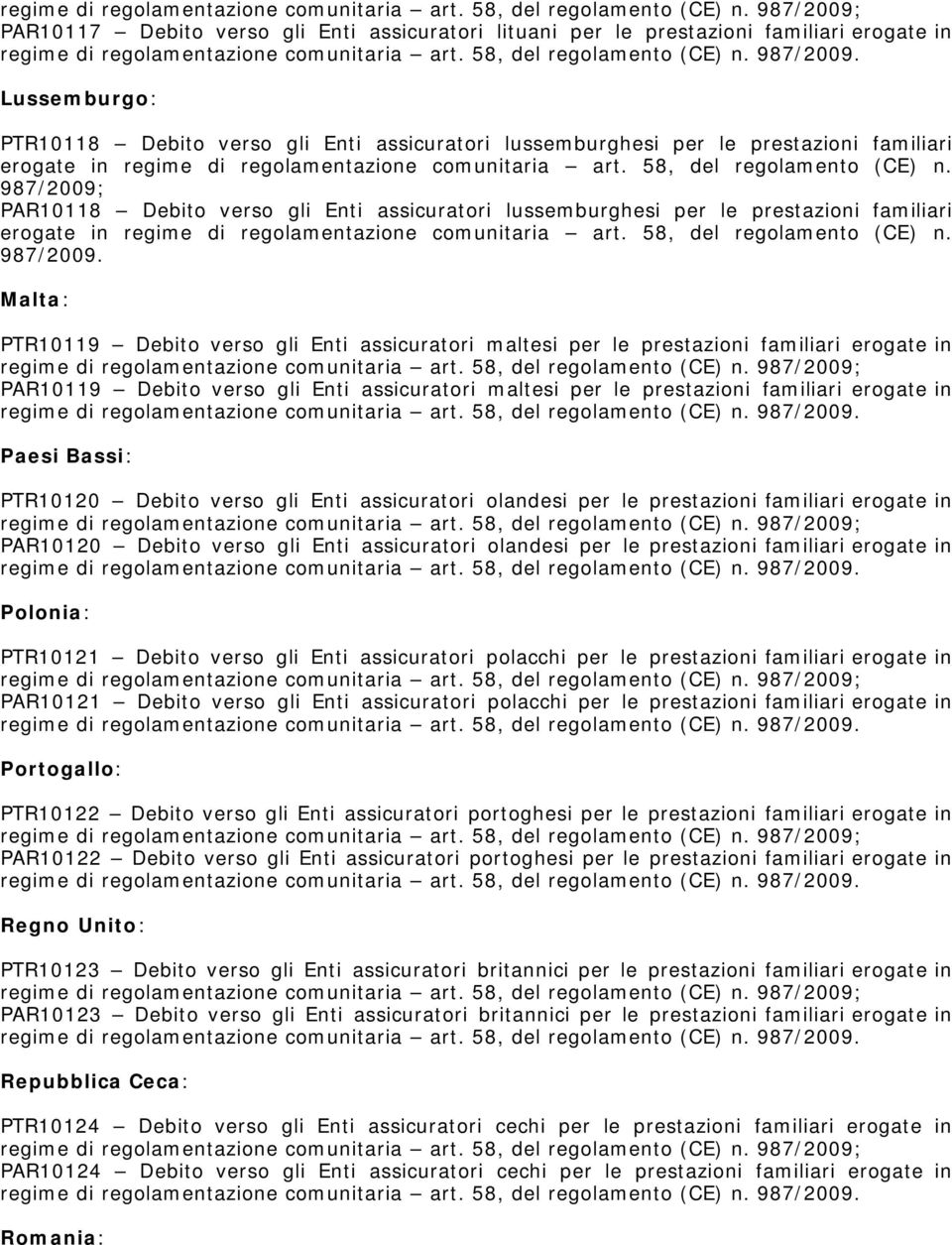 58, del regolamento (CE) n. 987/2009; PAR10118 Debito verso gli Enti assicuratori lussemburghesi per le prestazioni familiari erogate in regime di regolamentazione comunitaria art.