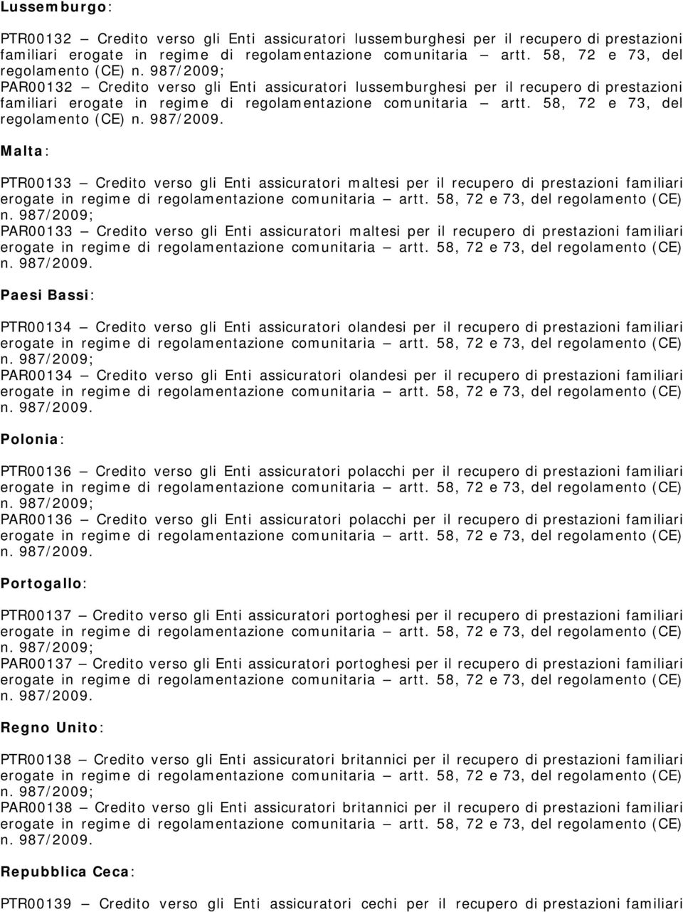 58, 72 e 73, del regolamento (CE) Malta: PTR00133 Credito verso gli Enti assicuratori maltesi per il recupero di prestazioni familiari PAR00133 Credito verso gli Enti assicuratori maltesi per il