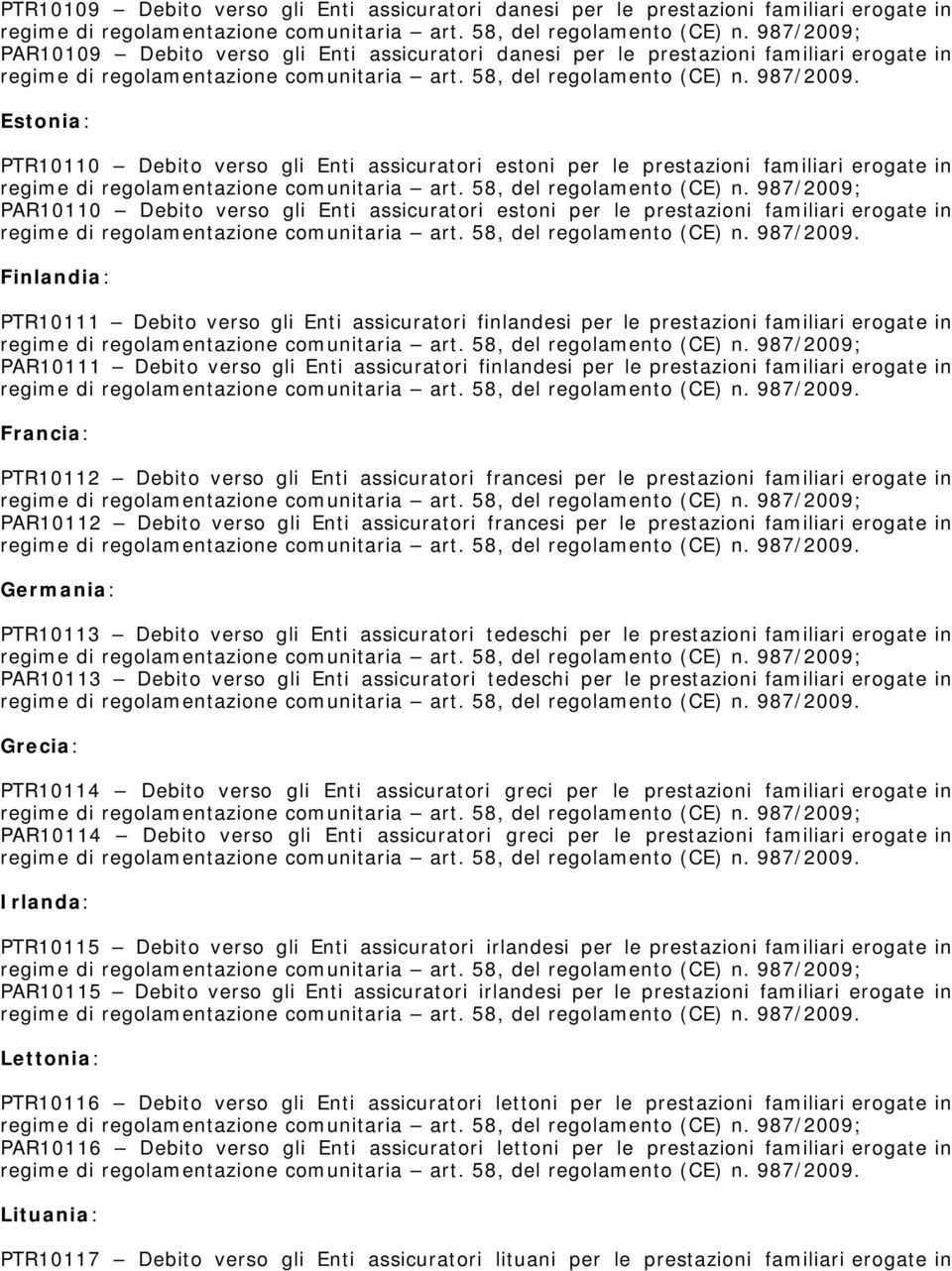 58, del regolamento (CE) Estonia: PTR10110 Debito verso gli Enti assicuratori estoni per le prestazioni familiari erogate in PAR10110 Debito verso gli Enti assicuratori estoni per le prestazioni