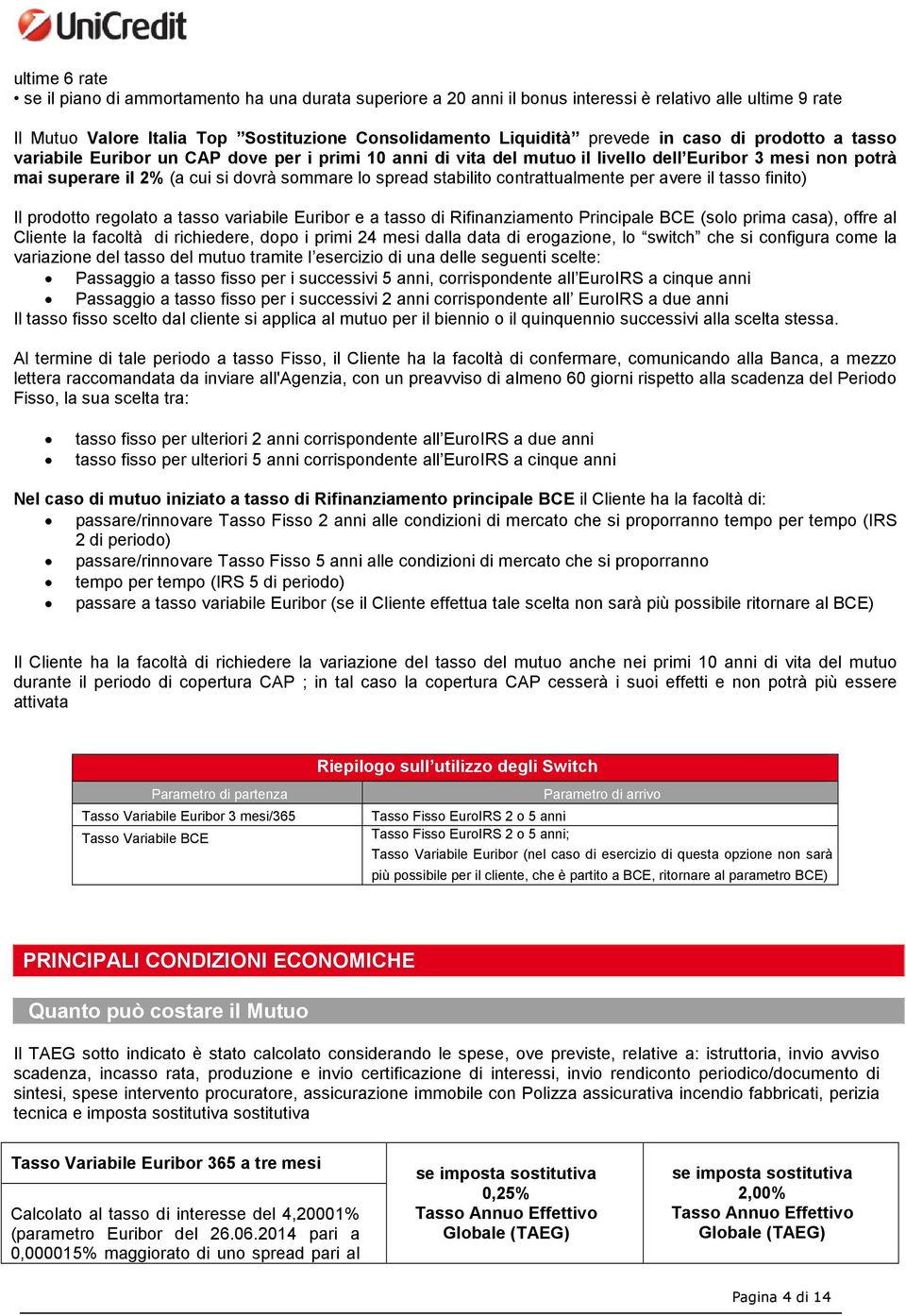 contrattualmente per avere il tasso finito) Il prodotto regolato a tasso variabile Euribor e a tasso di Rifinanziamento Principale BCE (solo prima casa), offre al Cliente la facoltà di richiedere,