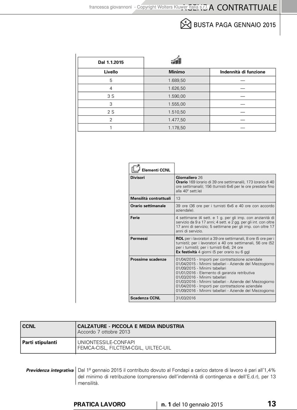 le) Mensilità contrattuali 13 Scadenza 31/03/2016 39 ore (36 ore per i turnisti 6x6 e 40 ore con accordo aziendale). 4 settimane (4 sett. e 1 g. per gli imp.