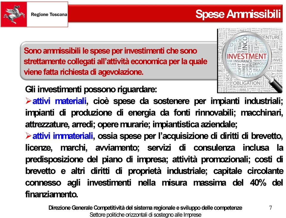 arredi; opere murarie; impiantistica aziendale; attivi immateriali, ossia spese per l acquisizione di diritti di brevetto, licenze, marchi, avviamento; servizi di consulenza inclusa la