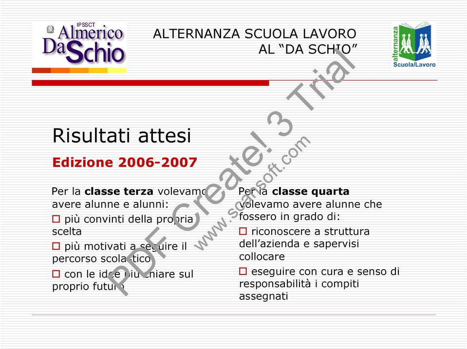 ALTERNANZA SCUOLA LAVORO Per la classe quarta volevamo avere alunne che fossero in grado di: riconoscere a