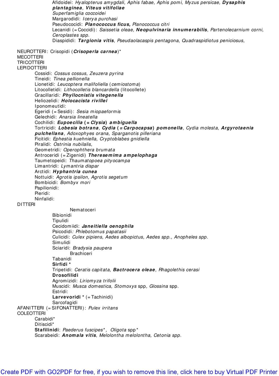 Diaspididi: Targionia vitis, Pseudaolacaspis pentagona, Quadraspidiotus peniciosus, NEUROTTERI: Crisopidi (Crisoperla carnea)* MECOTTERI TRICOTTERI LEPIDOTTERI Cossidi: Cossus cossus, Zeuzera pyrina