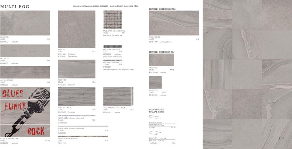 FASCIA ARDESIA GRIGIO 4x30 4 RER09204 rettificato (Pietra naturale - Natural stone) FASCIA VETRO PLATINO 1,5x30 4 R1R03207 (Vetro e metalli preziosi - Glass and precious metals) MULTI FOG 20x40 15