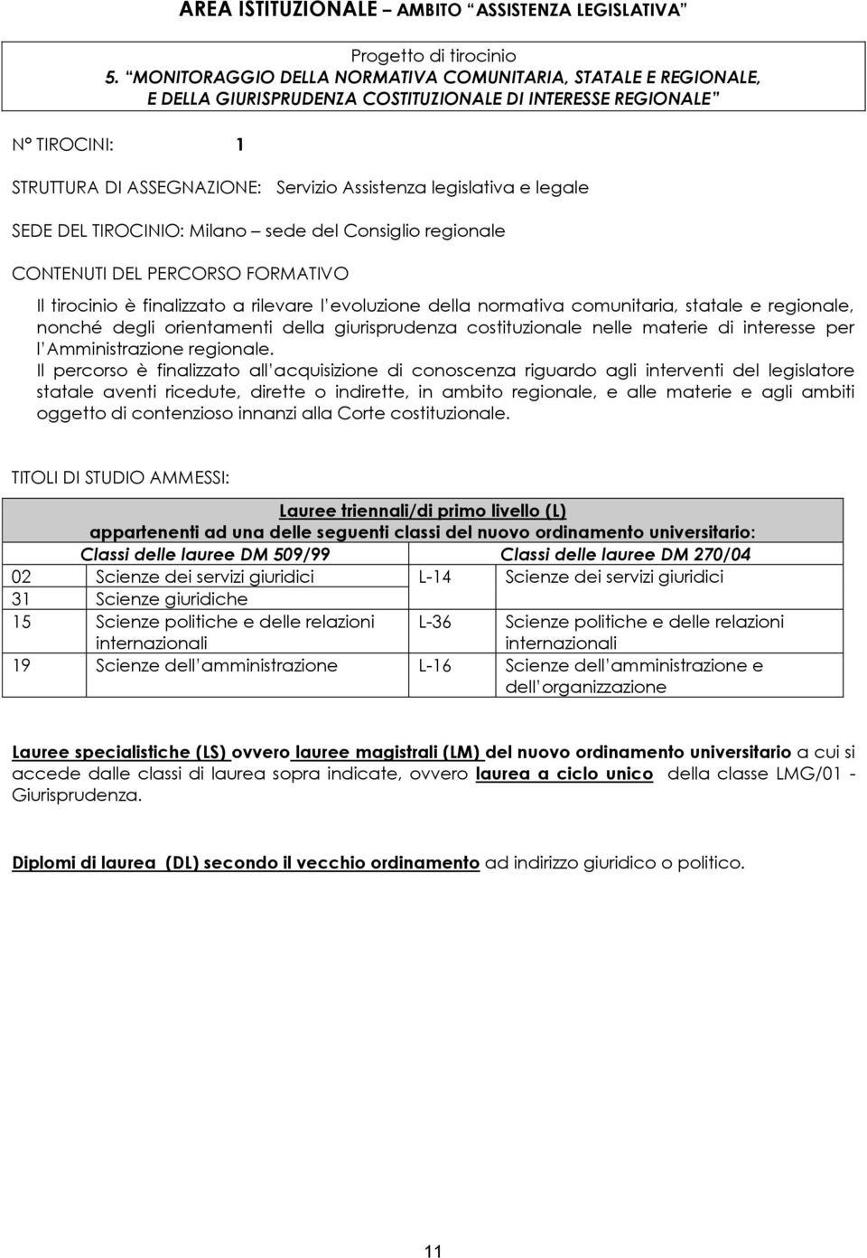 legale Il tirocinio è finalizzato a rilevare l evoluzione della normativa comunitaria, statale e regionale, nonché degli orientamenti della giurisprudenza costituzionale nelle materie di interesse