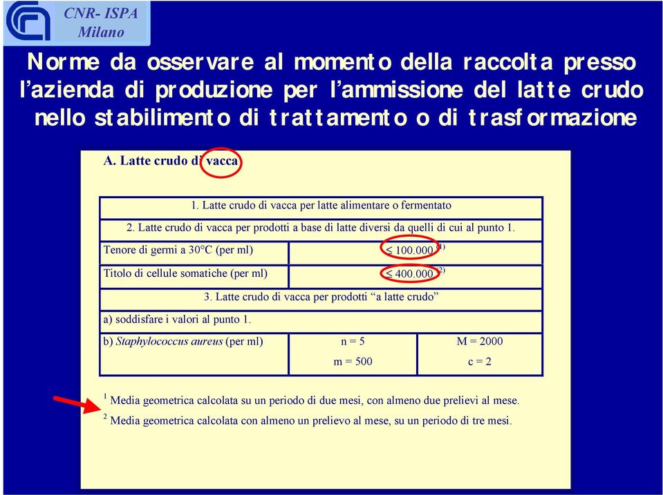 000 (1) Titolo di cellule somatiche (per ml) 400.000 (2) 3. Latte crudo di vacca per prodotti a latte crudo a) soddisfare i valori al punto 1.