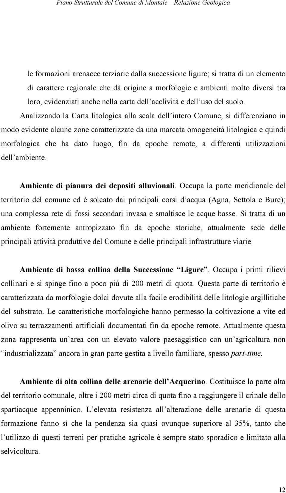 Analizzando la Carta litologica alla scala dell intero Comune, si differenziano in modo evidente alcune zone caratterizzate da una marcata omogeneità litologica e quindi morfologica che ha dato