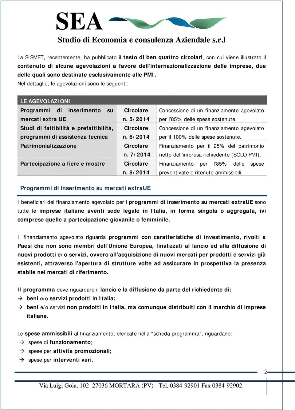 Nel dettaglio, le agevolazioni sono le seguenti: LE AGEVOLAZIONI Programmi di inserimento su mercati extra UE Studi di fattibilità e prefattibilità, programmi di assistenza tecnica