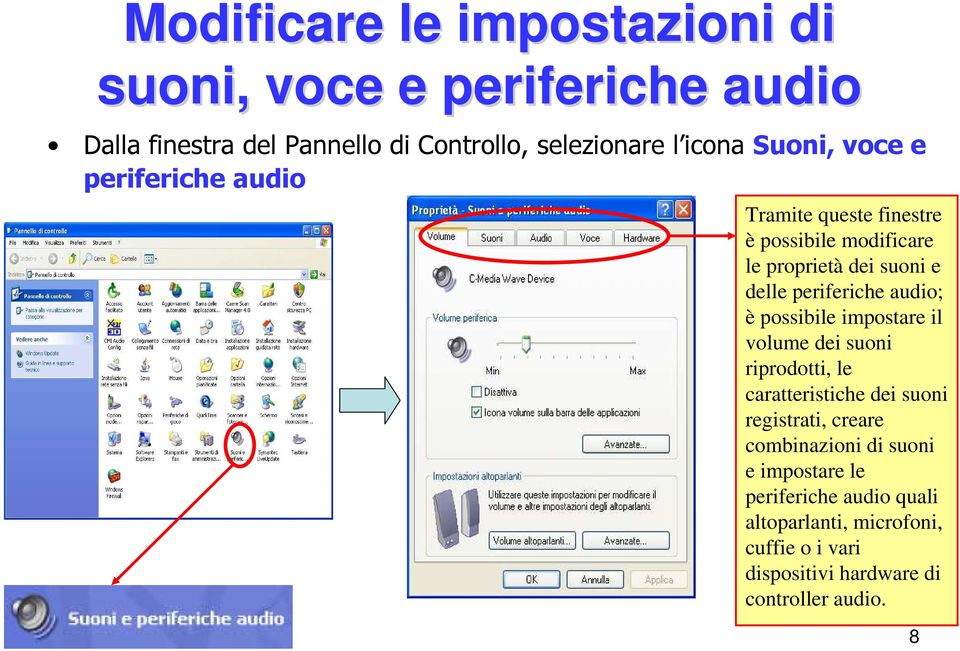 audio; è possibile impostare il volume dei suoni riprodotti, le caratteristiche dei suoni registrati, creare combinazioni di