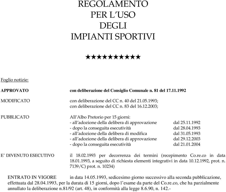 04.1993 - all adozione della delibera di modifica dal 31.05.1993 - all adozione della delibera di approvazione dal 29.12.2003 - dopo la conseguita esecutività dal 21.01.