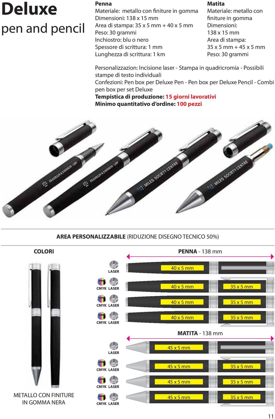 individuali Confezioni: Pen box per Deluxe Pen - Pen box per Deluxe Pencil - Combi box per set Deluxe Minimo quantitativo d ordine: 100 pezzi PENNA - 138 mm LASER 40 x 5 mm 40 x