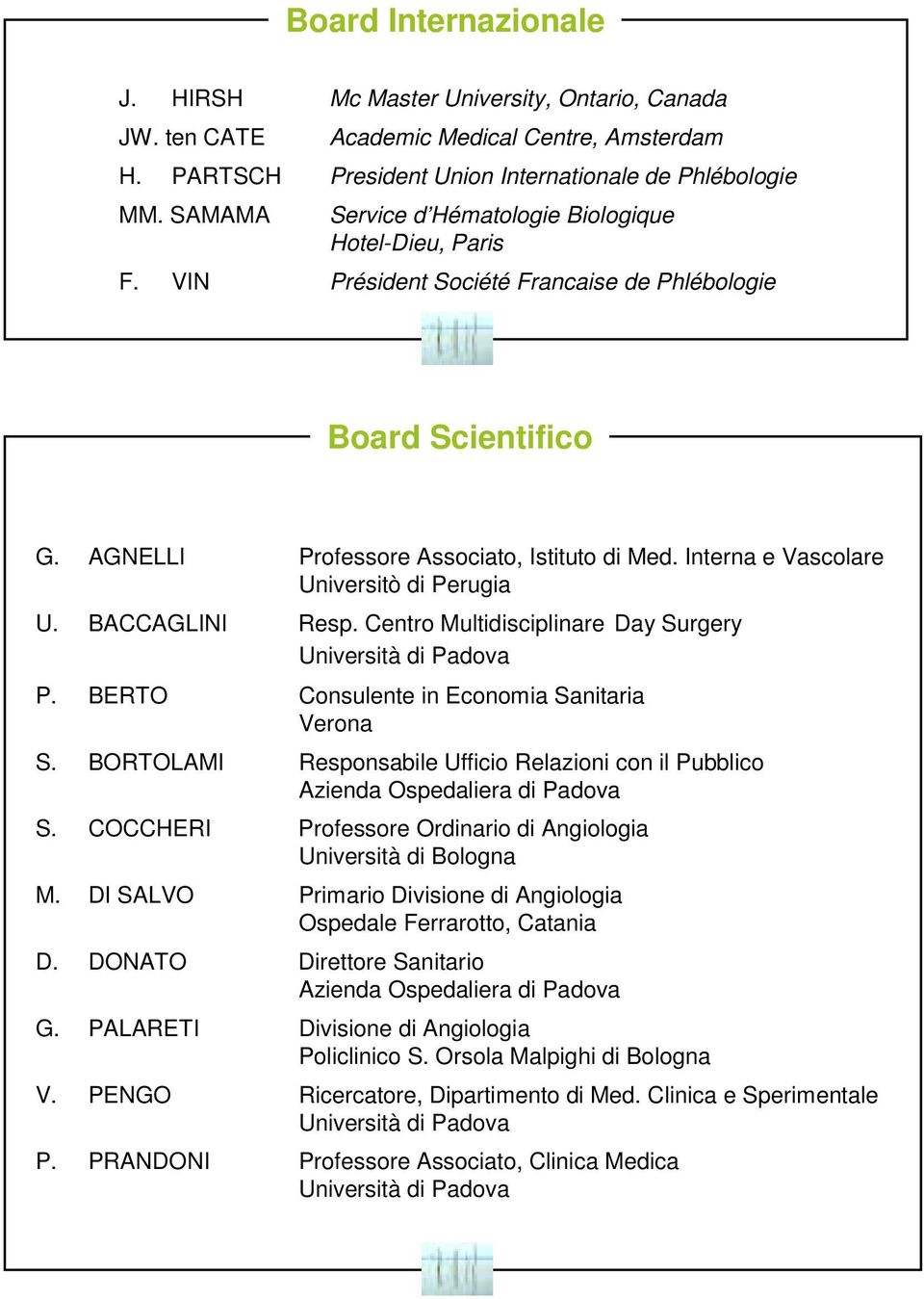 Interna e Vascolare Universitò di Perugia U. BACCAGLINI Resp. Centro Multidisciplinare Day Surgery Università di Padova P. BERTO Consulente in Economia Sanitaria Verona S.