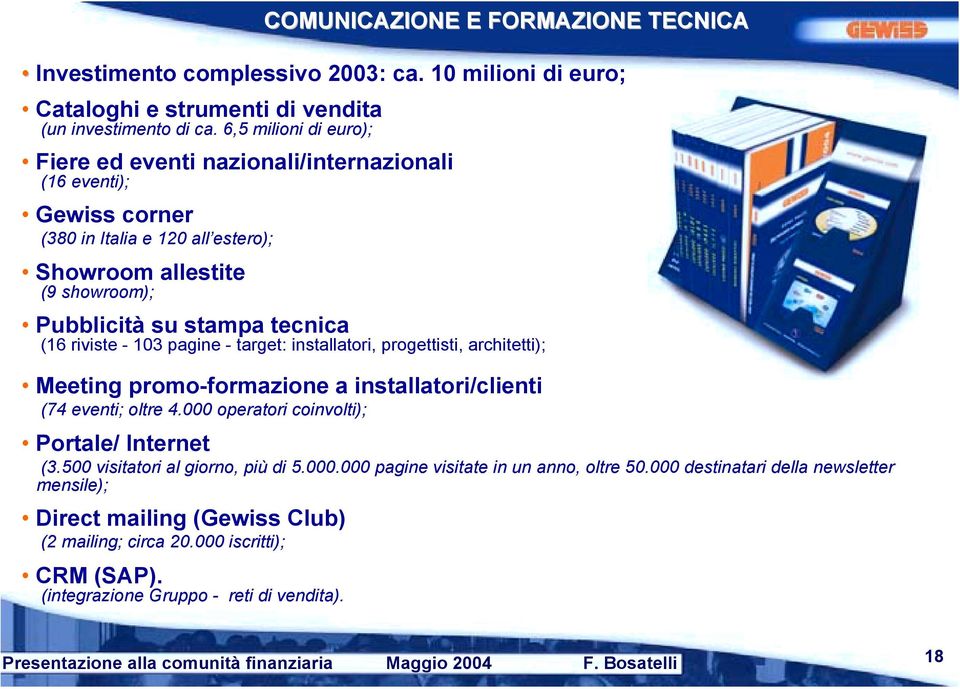 riviste - 103 pagine - target: installatori, progettisti, architetti); Meeting promo-formazione a installatori/clienti (74 eventi; oltre 4.000 operatori coinvolti); Portale/ Internet (3.