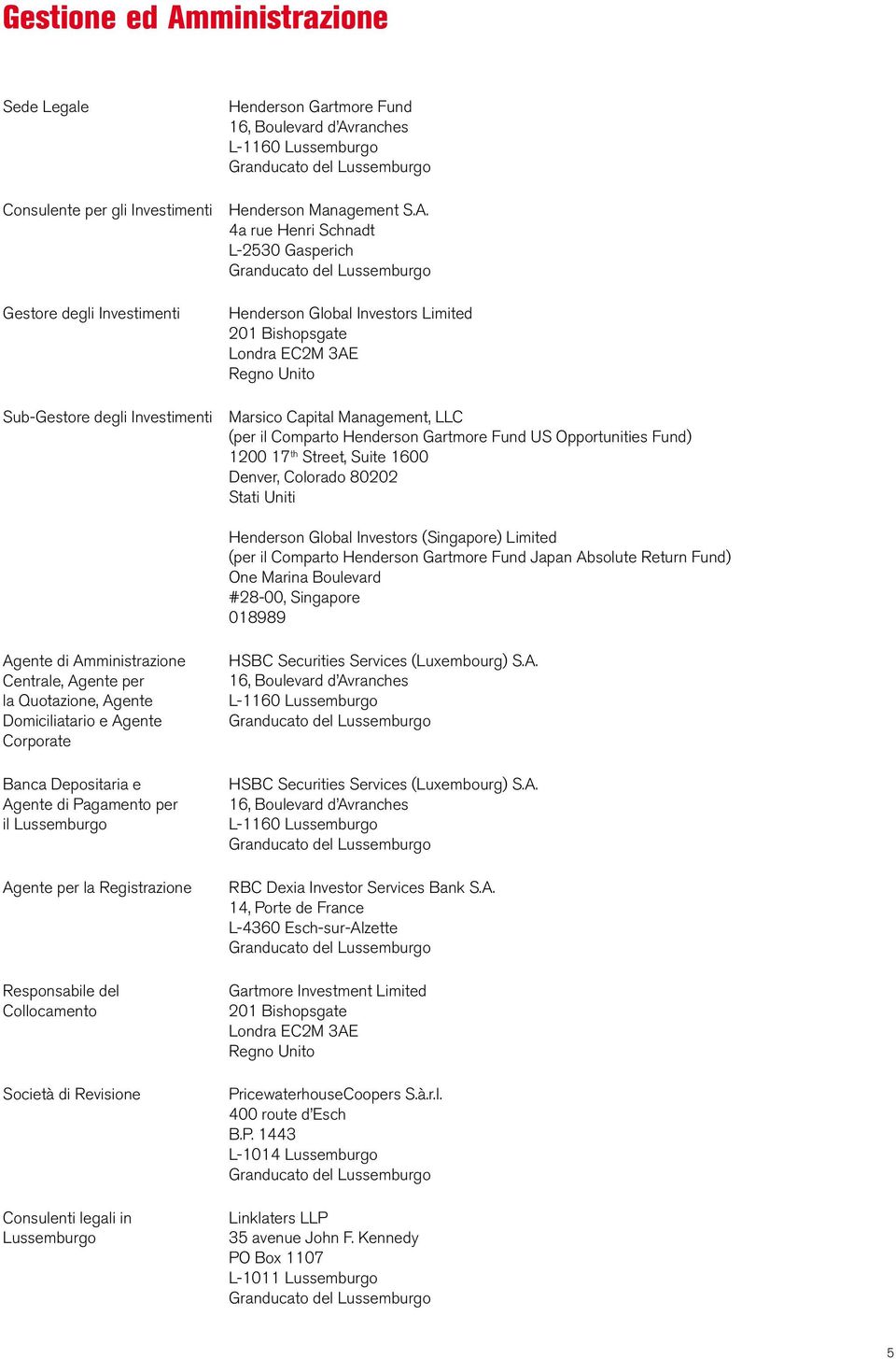 4a rue Henri Schnadt L-2530 Gasperich Granducato del Lussemburgo Henderson Global Investors Limited 201 Bishopsgate Londra EC2M 3AE Regno Unito Marsico Capital Management, LLC (per il Comparto