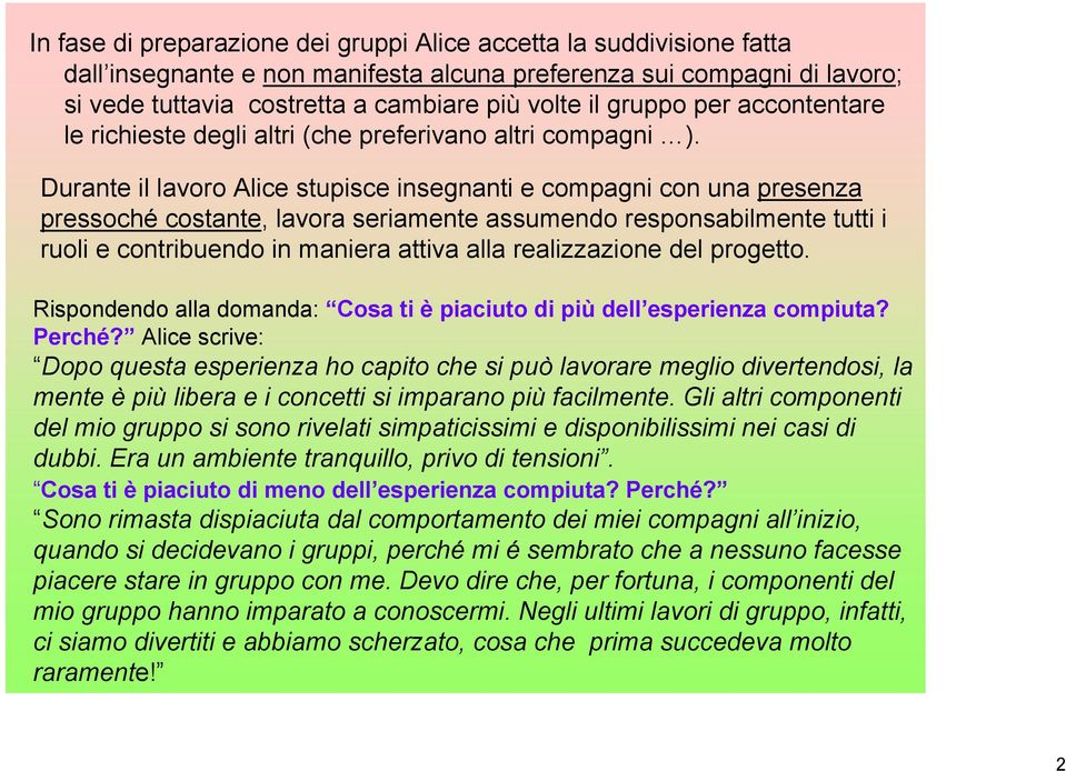 Durante il lavoro Alice stupisce insegnanti e compagni con una presenza pressoché costante, lavora seriamente assumendo responsabilmente tutti i ruoli e contribuendo in maniera attiva alla