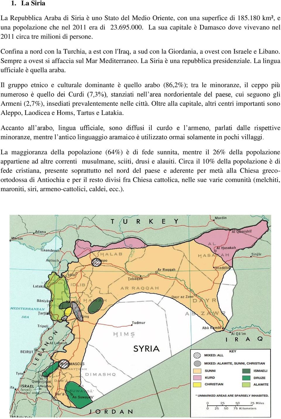 Sempre a ovest si affaccia sul Mar Mediterraneo. La Siria è una repubblica presidenziale. La lingua ufficiale è quella araba.