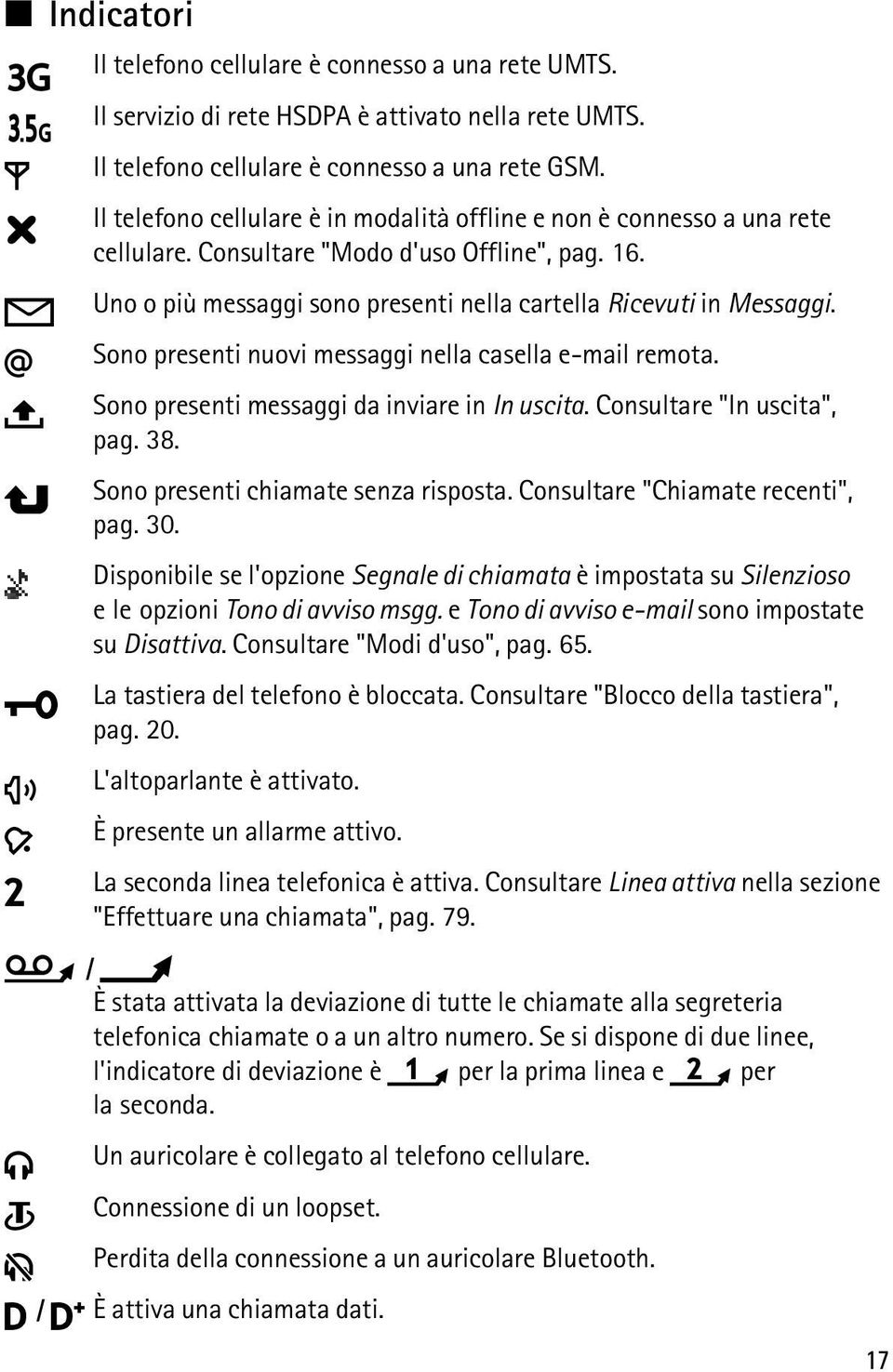 Sono presenti nuovi messaggi nella casella e-mail remota. Sono presenti messaggi da inviare in In uscita. Consultare "In uscita", pag. 38. Sono presenti chiamate senza risposta.