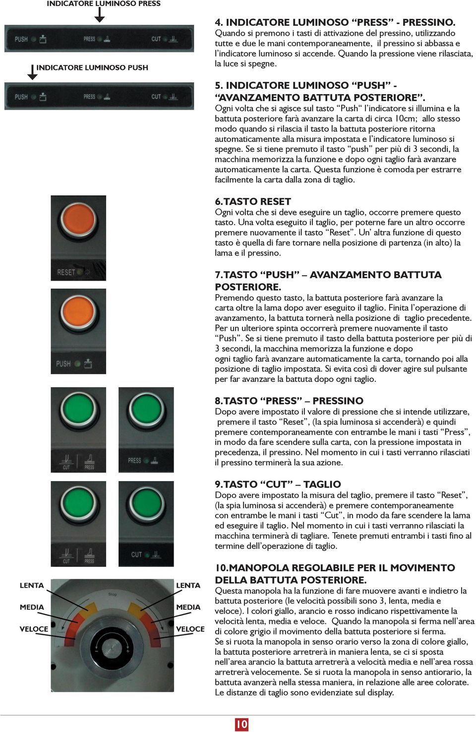 Quando la pressione viene rilasciata, la luce si spegne. LENTA MEDIA VELOCE LENTA MEDIA VELOCE 5. INDICATORE LUMINOSO PUSH - AVANZAMENTO BATTUTA POSTERIORE.