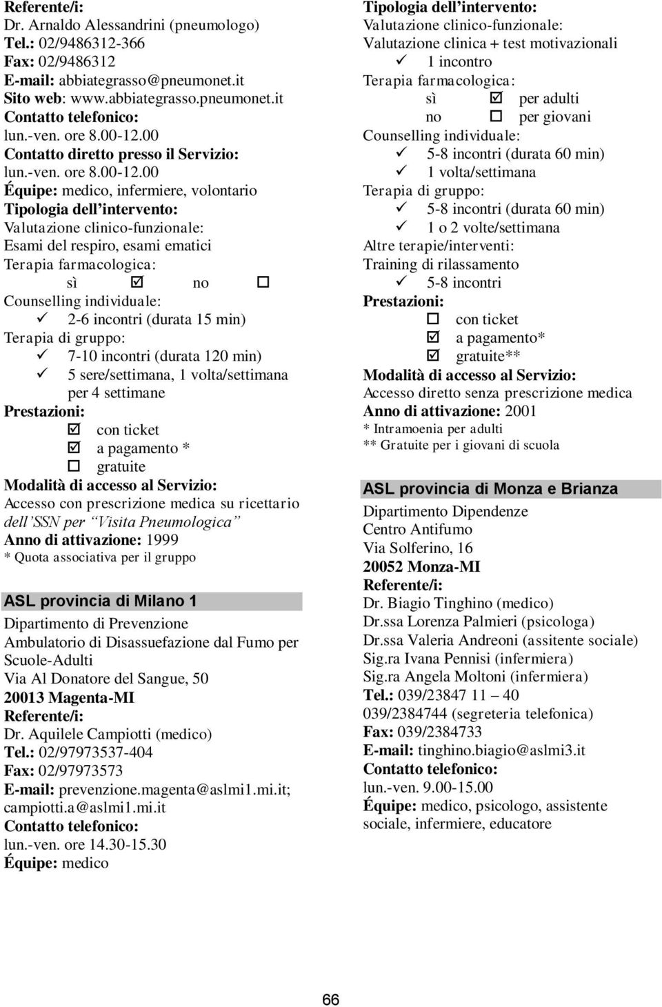 00, volontario Esami del respiro, esami ematici (durata 15 min) 7-10 incontri (durata 120 min) 5 sere/settimana, 1 volta/settimana per 4 settimane * per Visita Pneumologica Anno di attivazione: 1999