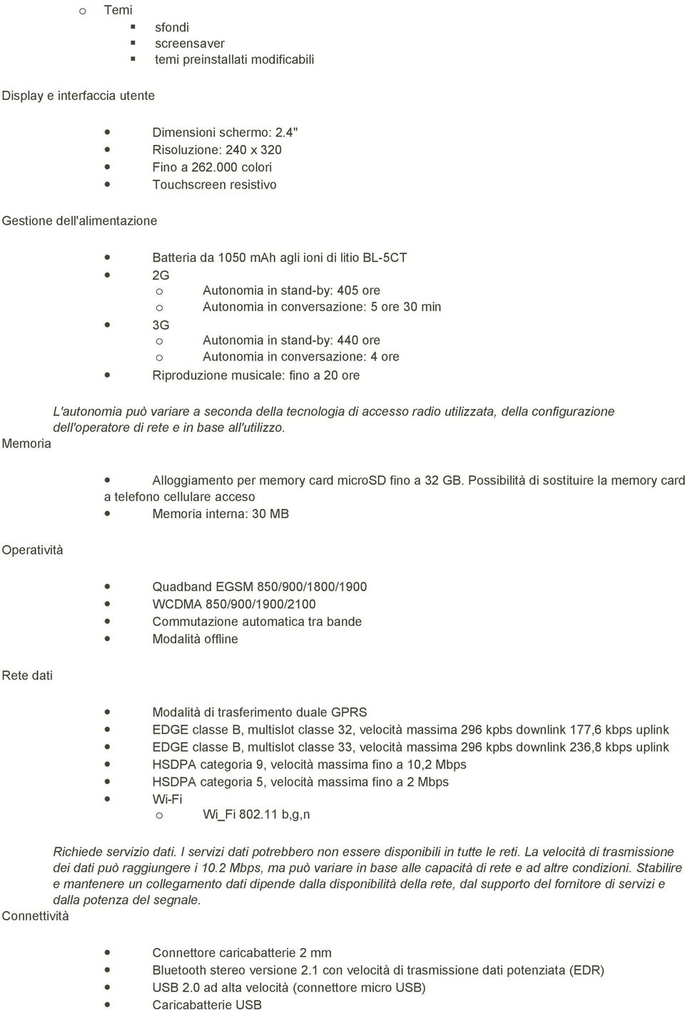 Autnmia in cnversazine: 4 re Riprduzine musicale: fin a 20 re L'autnmia può variare a secnda della tecnlgia di access radi utilizzata, della cnfigurazine dell'peratre di rete e in base all'utilizz.