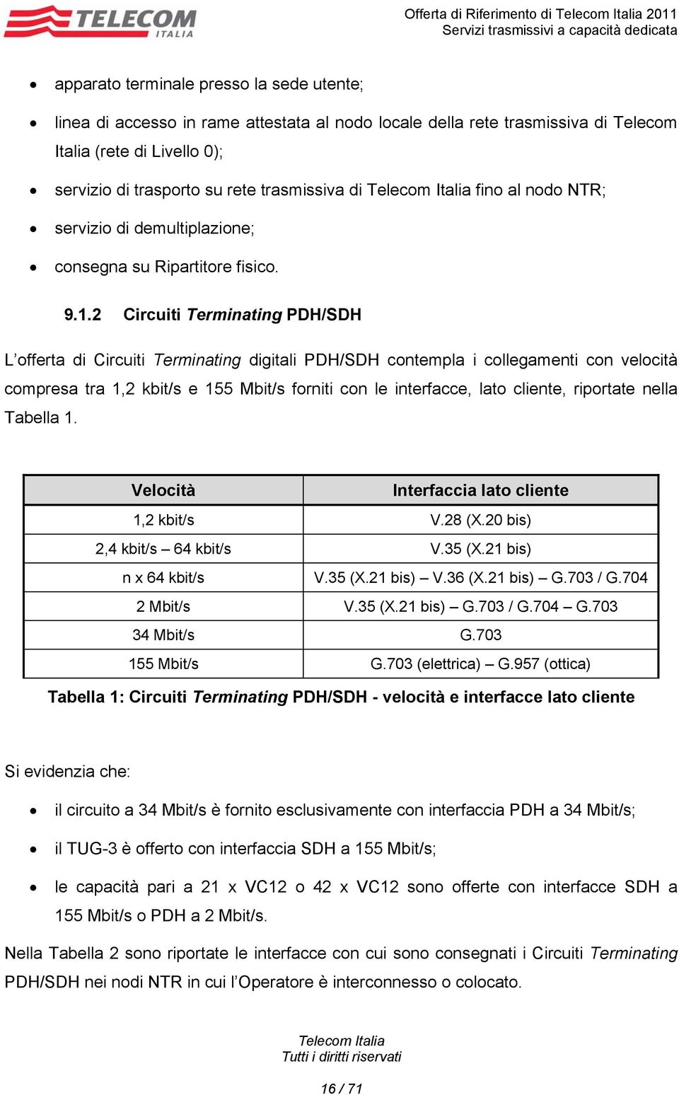 2 Circuiti Terminating PDH/SDH L offerta di Circuiti Terminating digitali PDH/SDH contempla i collegamenti con velocità compresa tra 1,2 kbit/s e 155 Mbit/s forniti con le interfacce, lato cliente,